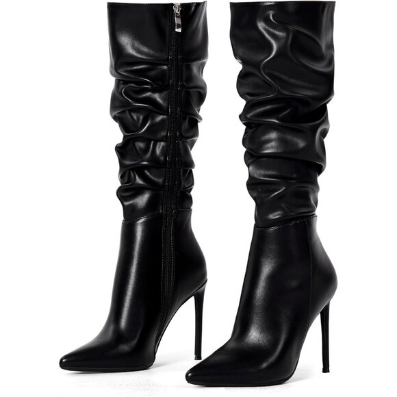 Shoes - Women's Black-Pu Suede Knee High Side Zipper Pointed Toe Stylish Dress Boot